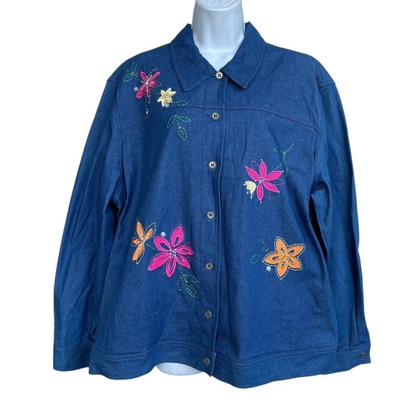 Alfred Dunner Chambray Denim Boho Jacket Plus Size 18 Blue Floral Embroidered - Picture 1 of 4